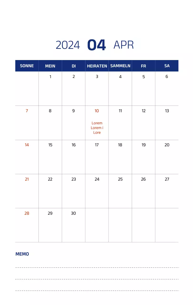 Einfacher Kalender mit klaren Illustrationen in Blau