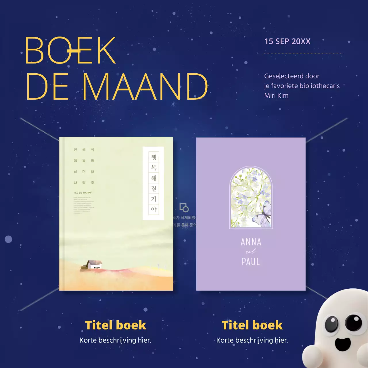 Minimalistische boekaanbevelingsadvertentie in blauw en mauve