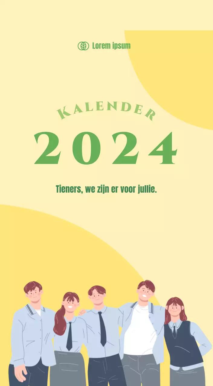 Kalender met jeugdillustraties op een gele en groene achtergrond