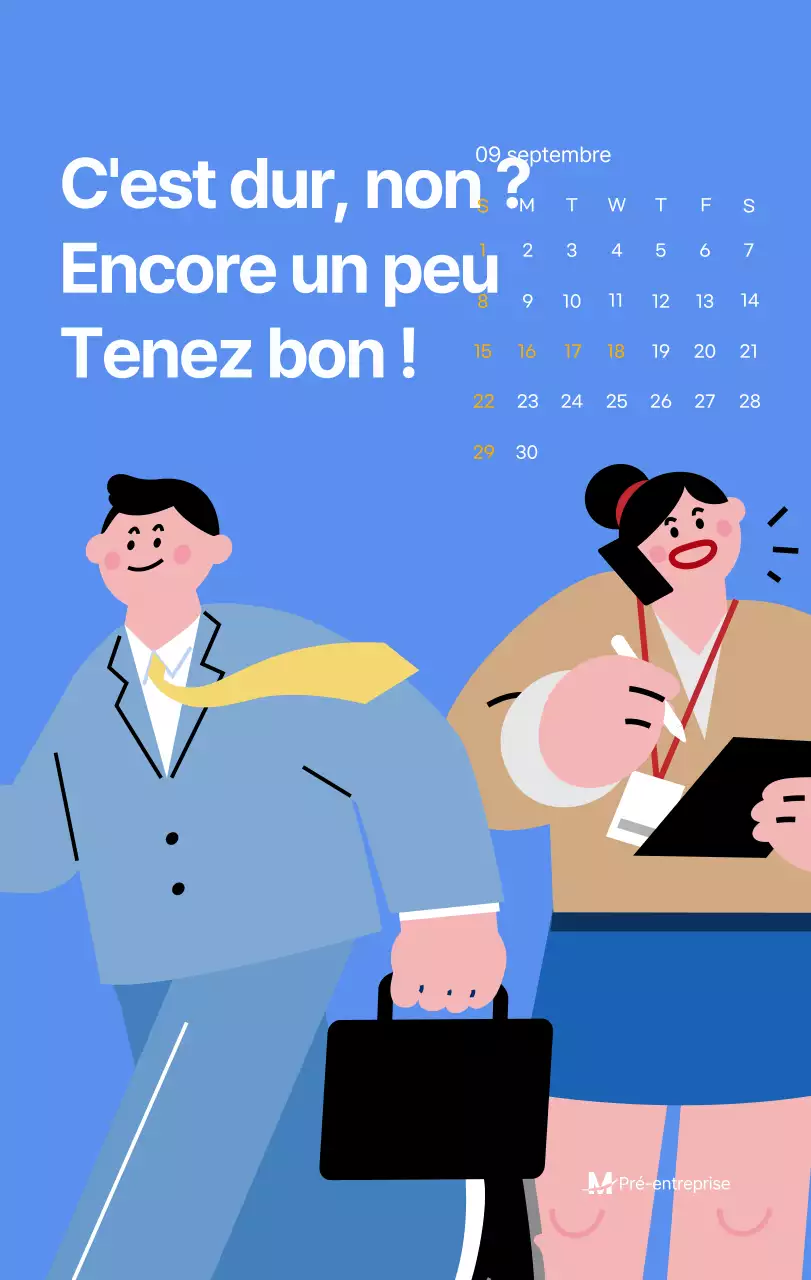 Calendrier de motivation avec des illustrations énergiques et des citations positives sur un fond bleu clair