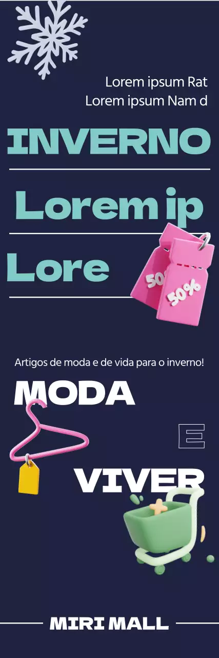 Um esquema de fontes simples e ícones 3D relacionados com compras e gráficos de flocos de neve acentuam o evento de vendas da semana sazonal de inverno