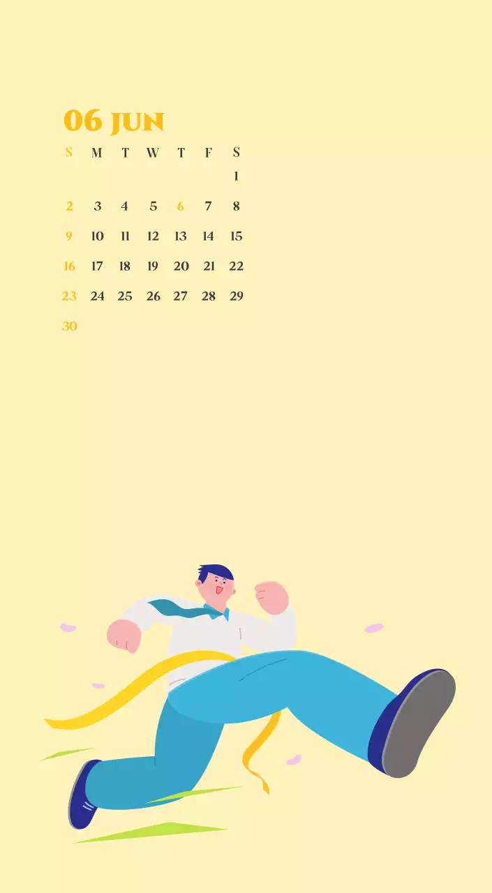 Calendario con ilustraciones juveniles sobre fondo amarillo y verde