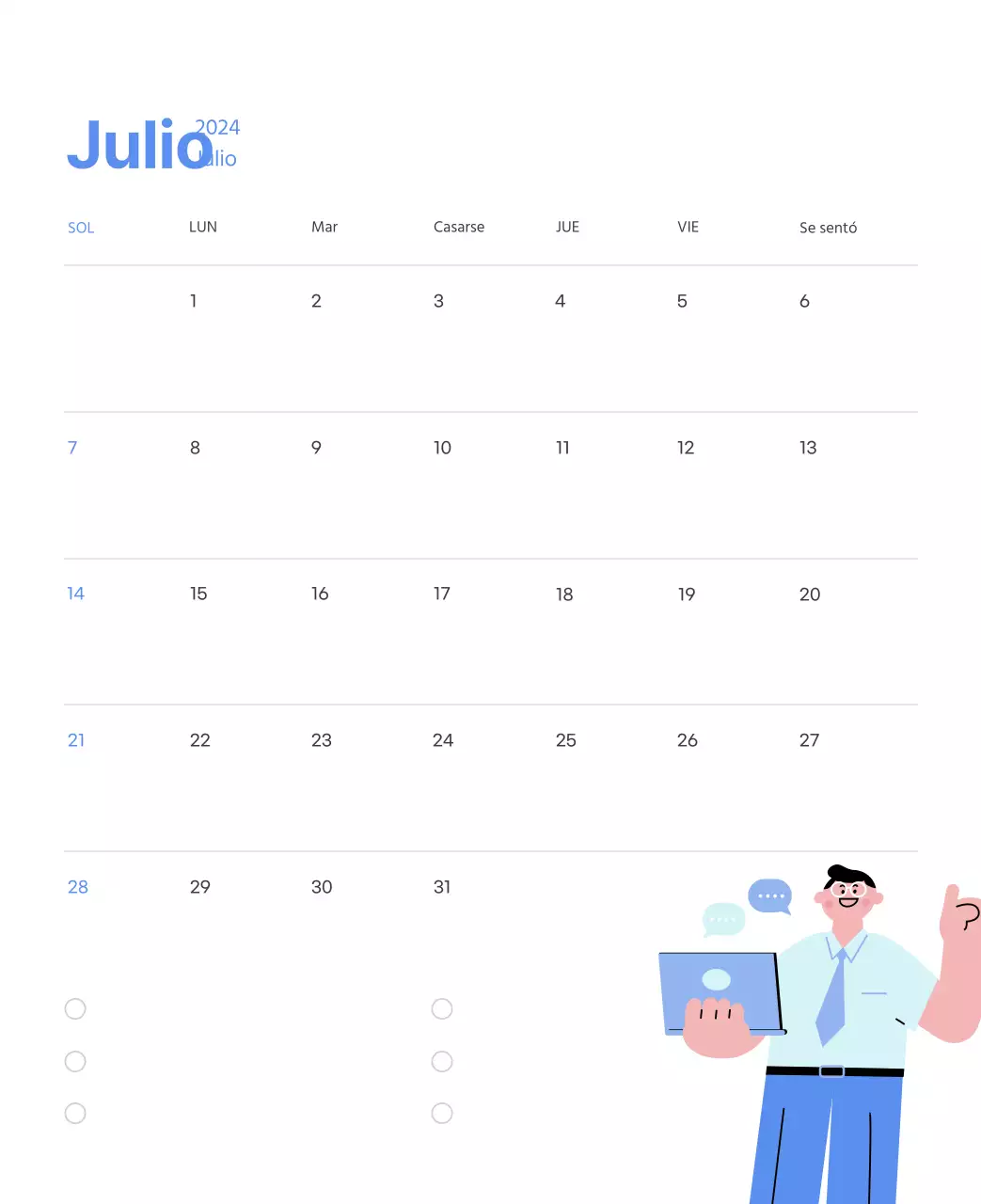 Calendario motivacional con ilustraciones llenas de energía y citas positivas sobre fondo azul claro