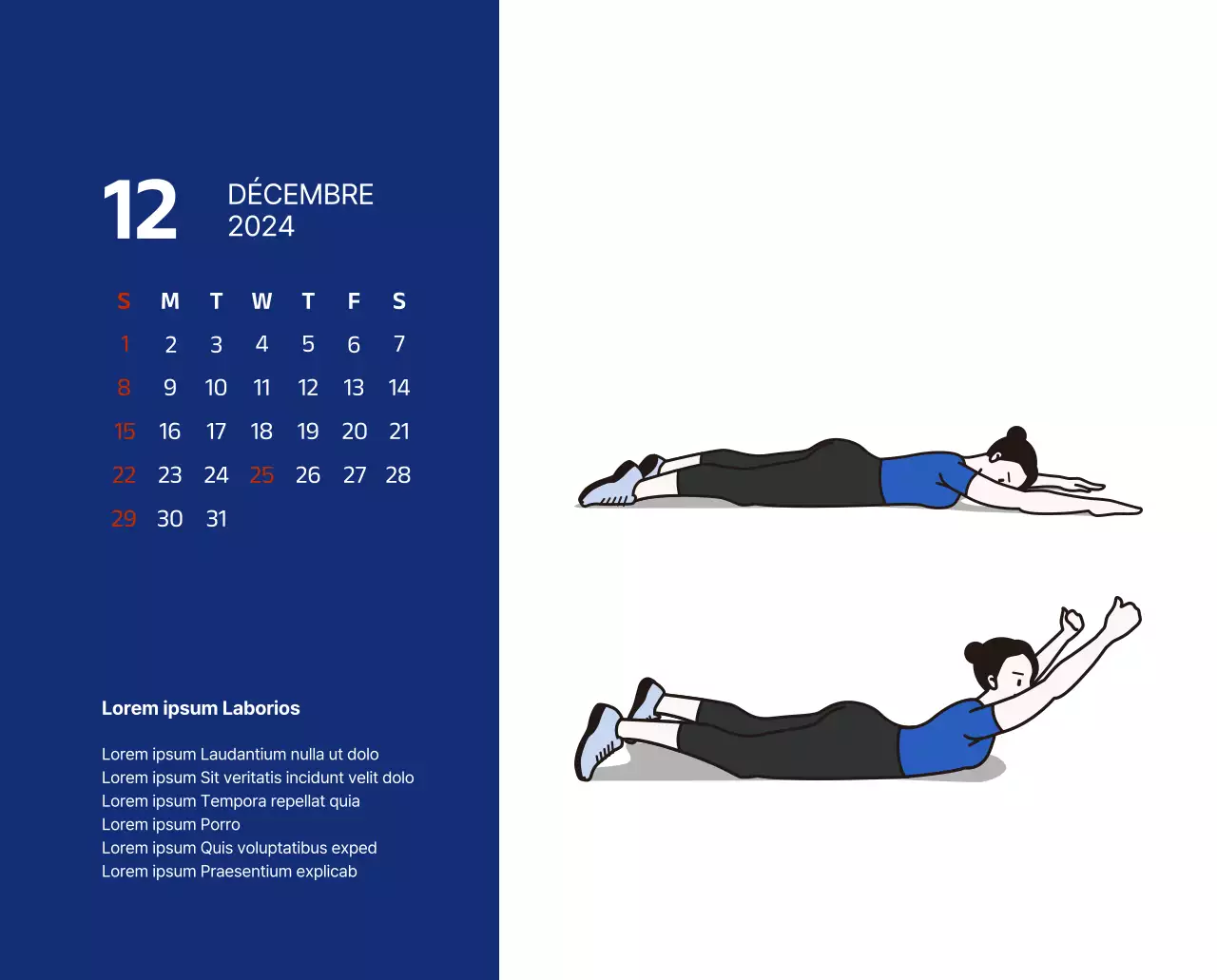 Calendrier simple avec des illustrations épurées en bleu