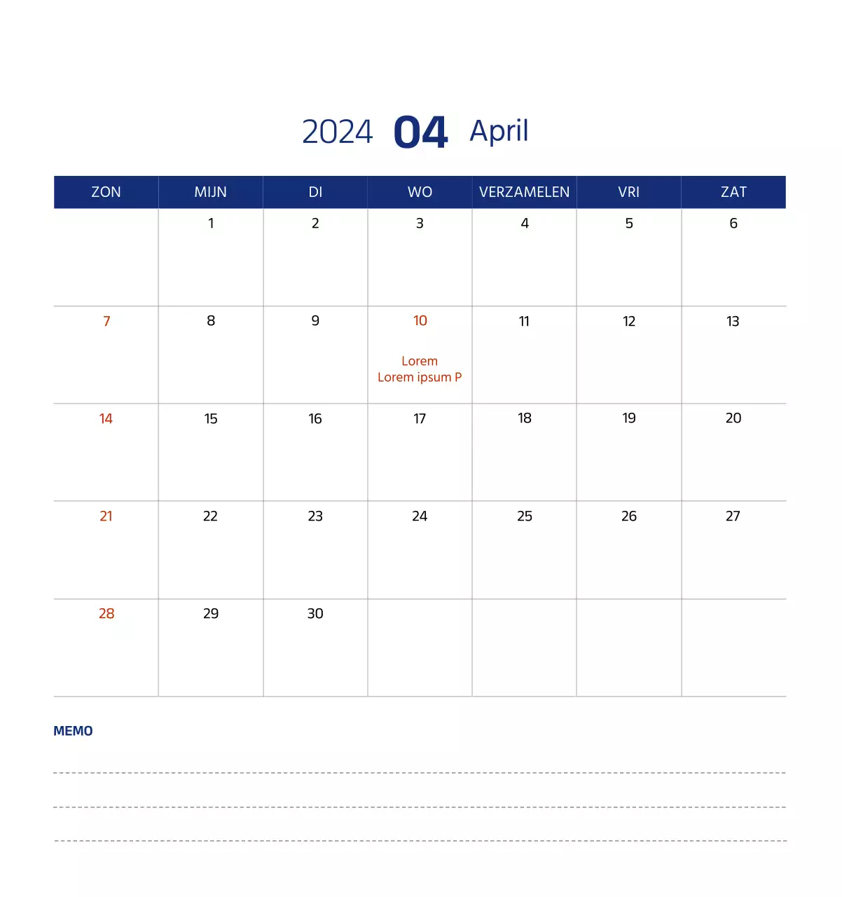 Eenvoudige kalender met strakke illustraties in blauw