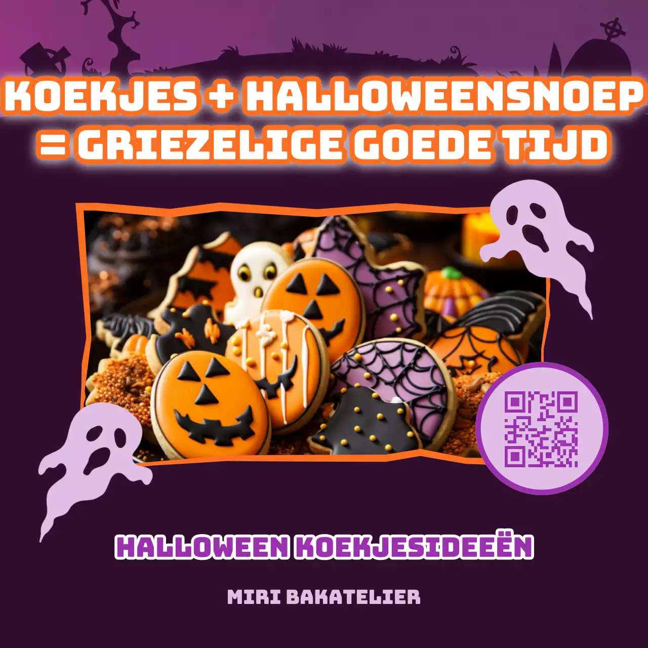 Promoot kitscherige Halloween koekjes in paars en zwart
