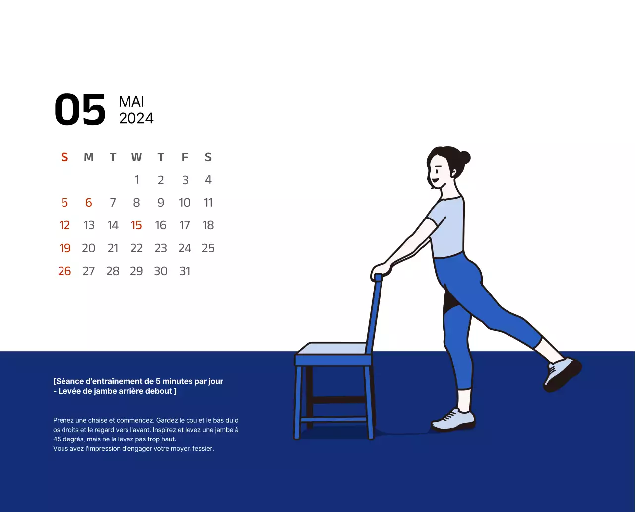 Calendrier simple avec des illustrations épurées en bleu