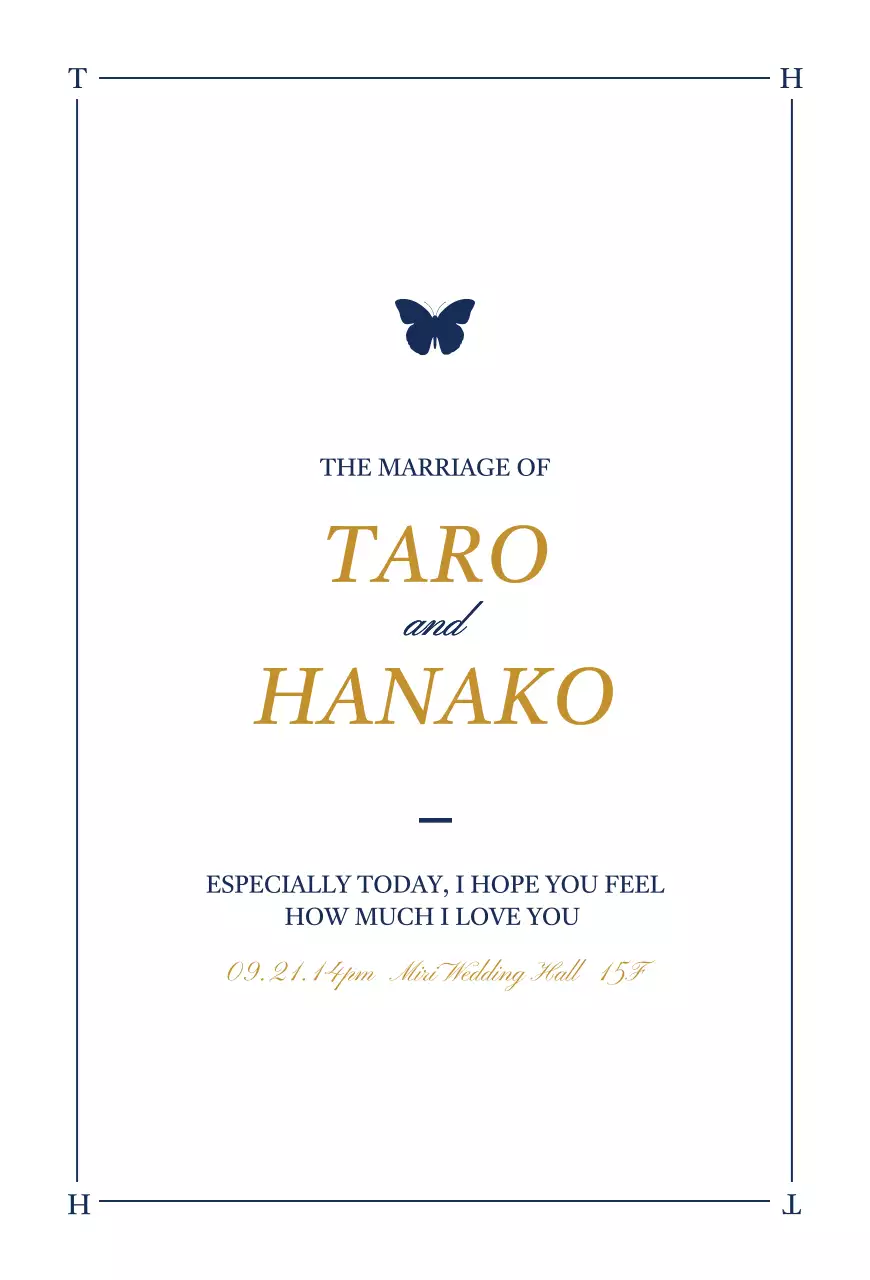 白と藍色の蝶のイラストが描かれた高級感のあるデザインの結婚式の招待状デザイン