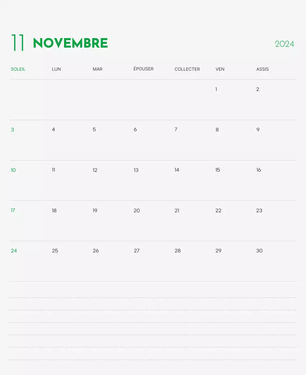 Un calendrier avec la photo d'un chiot et un message mignon aux accents verts.
