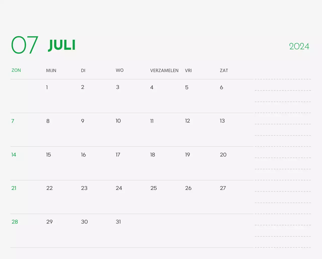 Een kalender met een afbeelding van een puppy en een schattige boodschap in groene accenten