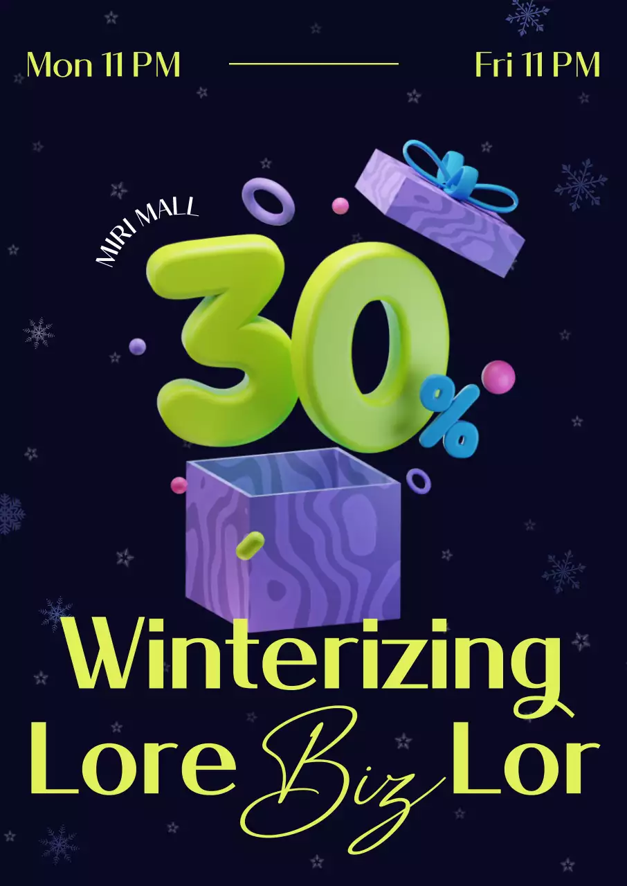 Sự kiện giảm giá mùa đông nổi bật bởi đồ họa 3D sống động, bố cục phông chữ đậm và hình dạng bông tuyết.