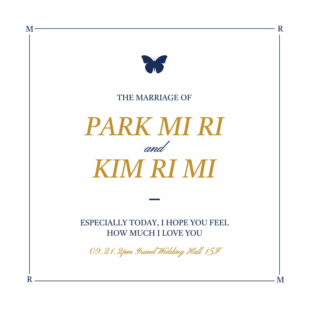 Convite de casamento de design luxuoso com ilustrações de borboletas em branco e azul-marinho