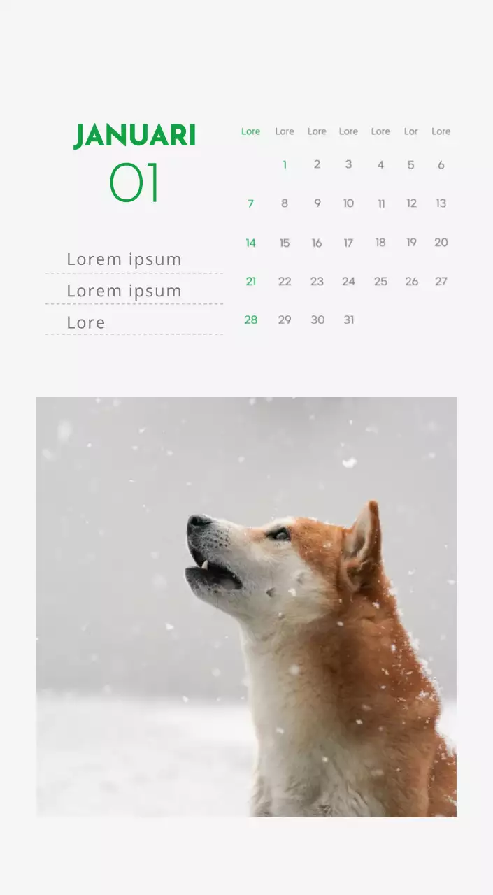 Een kalender met een afbeelding van een puppy en een schattige boodschap in groene accenten