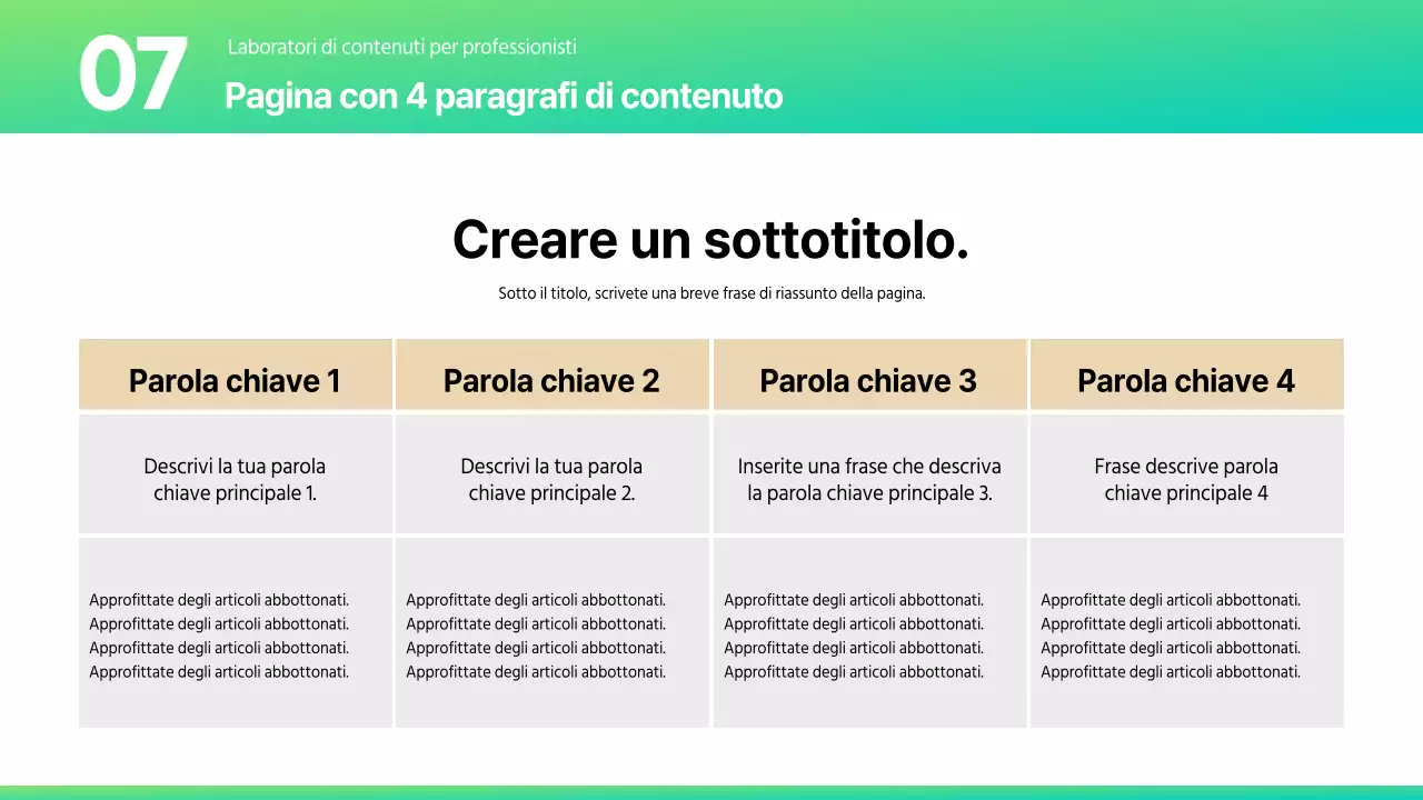 Una varietà di layout in un'elegante combinazione di colori menta e beige.