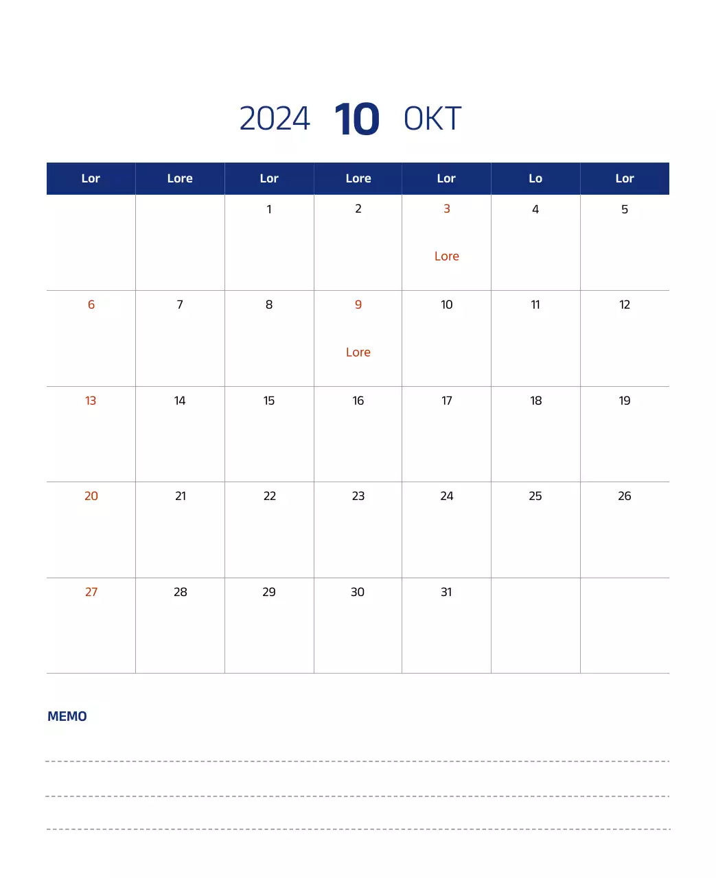 Einfacher Kalender mit klaren Illustrationen in Blau