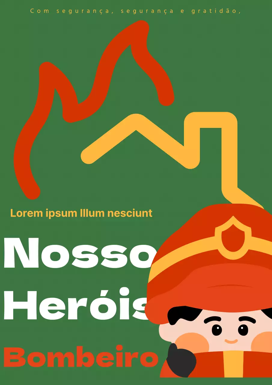 Promover uma ilustração simples de um bombeiro de branco, amarelo e vermelho sobre um fundo verde