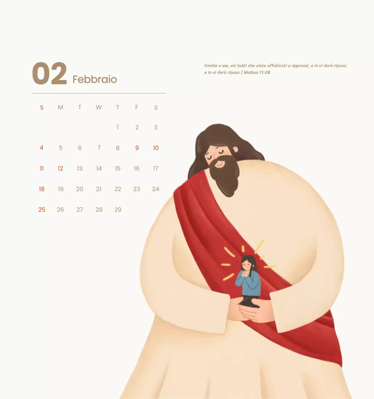 Un calendario devozionale con illustrazioni accoglienti e versetti della Bibbia su uno sfondo blu chiaro