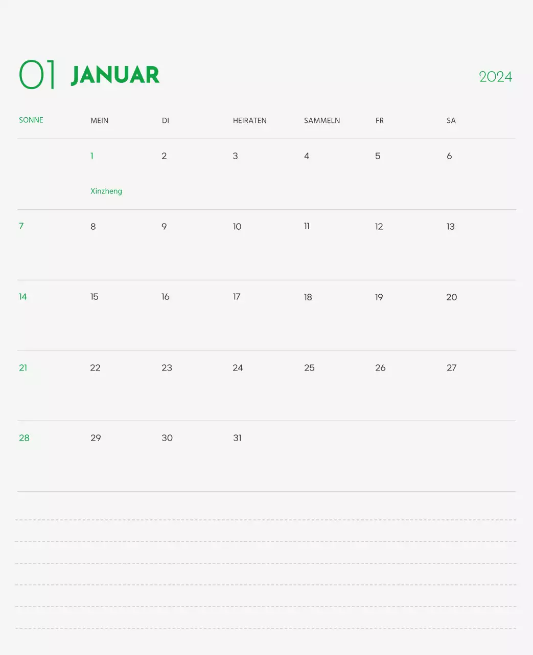 Ein Kalender mit einem Bild eines Welpen und einer niedlichen Botschaft in grünen Akzenten