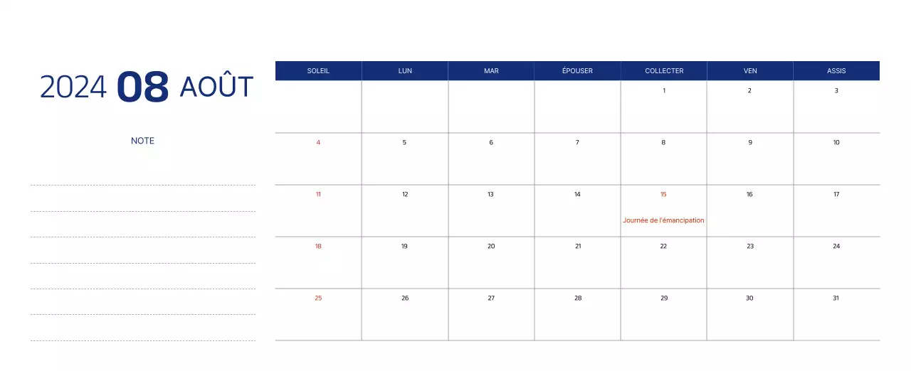 Calendrier simple avec des illustrations épurées en bleu