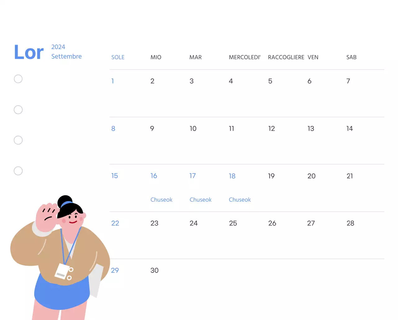 Calendario motivazionale con illustrazioni energetiche e citazioni positive su sfondo azzurro