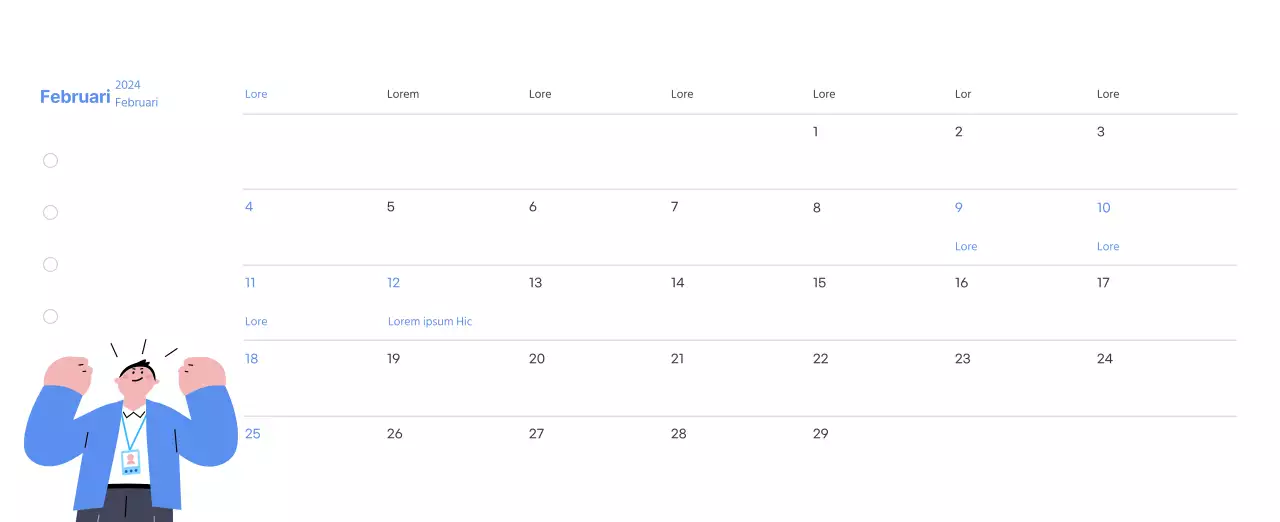 Motiverende kalender met energieke illustraties en positieve citaten op een lichtblauwe achtergrond