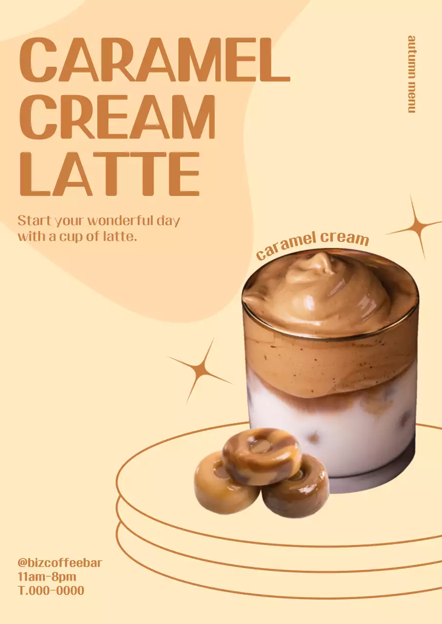 Caramel cream latte poster with shapes filled in on an ivory background