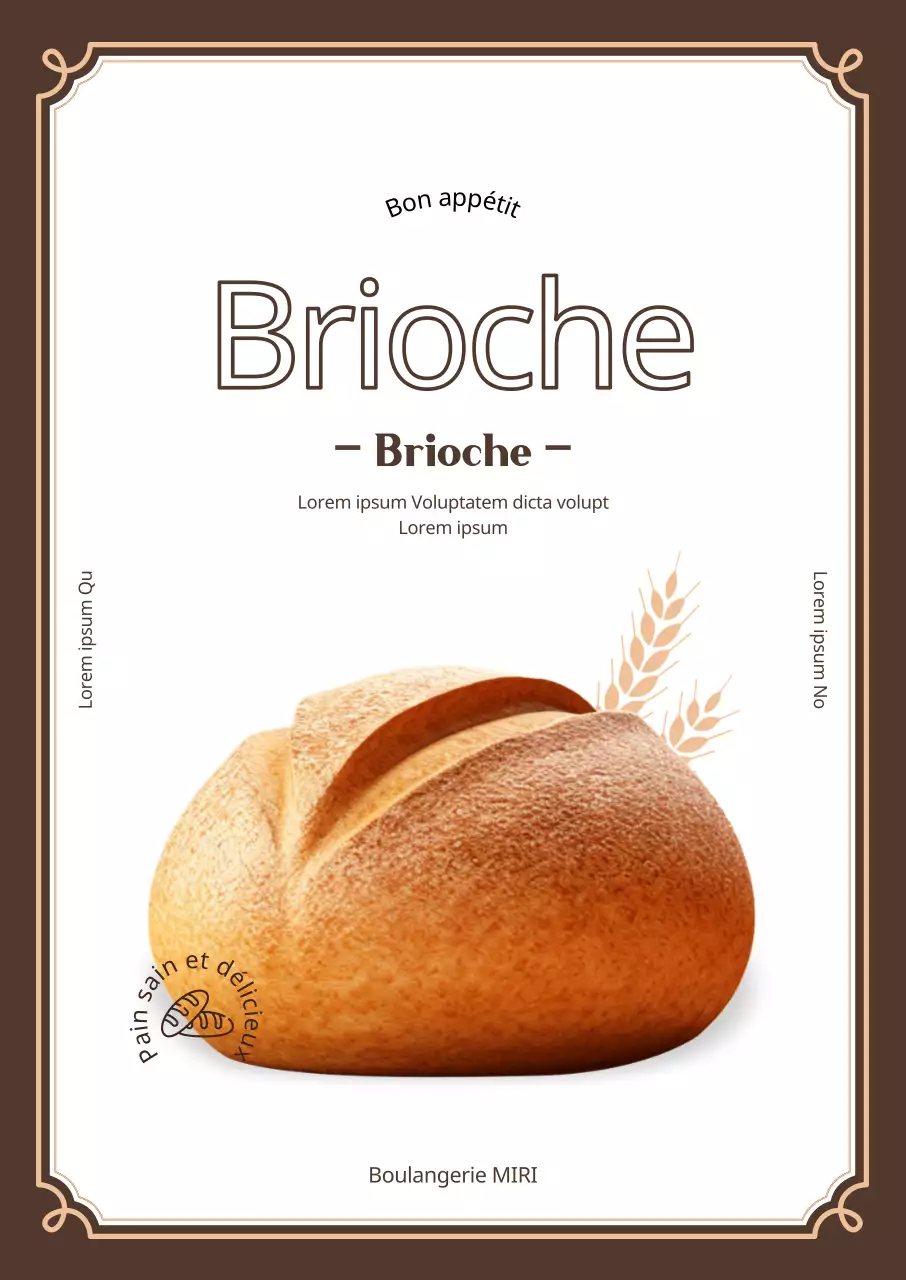 Faites la promotion de votre boulangerie avec du pain et du blé sur un fond blanc et marron