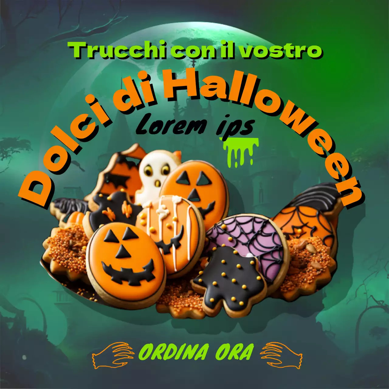 Pubblicità dei biscotti di Halloween SF in verde e arancione
