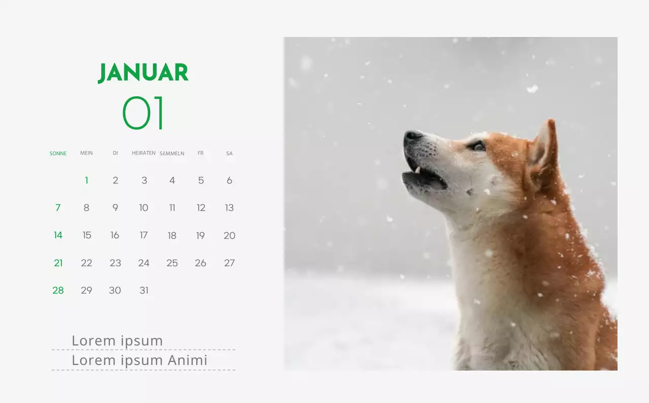Ein Kalender mit einem Bild eines Welpen und einer niedlichen Botschaft in grünen Akzenten