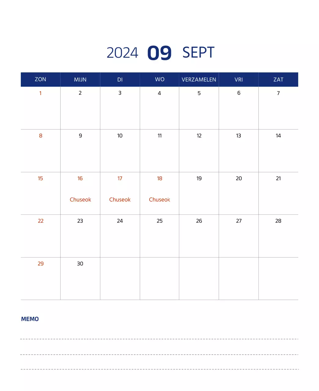 Eenvoudige kalender met strakke illustraties in blauw