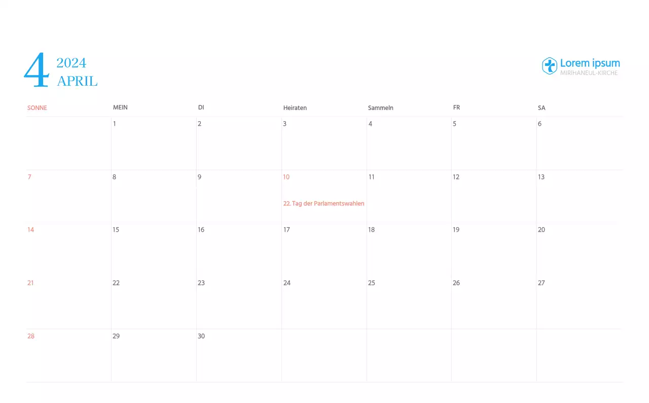 Blaues modernes Konzept Kirchenkalender