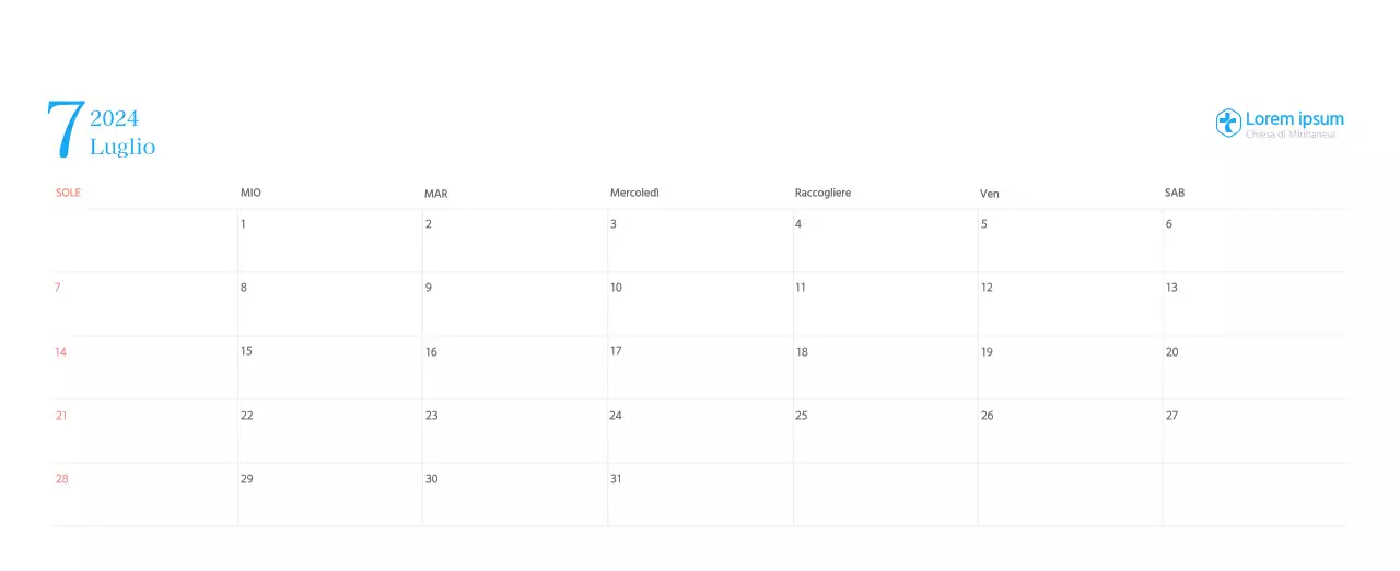 Calendario ecclesiastico blu di concezione moderna