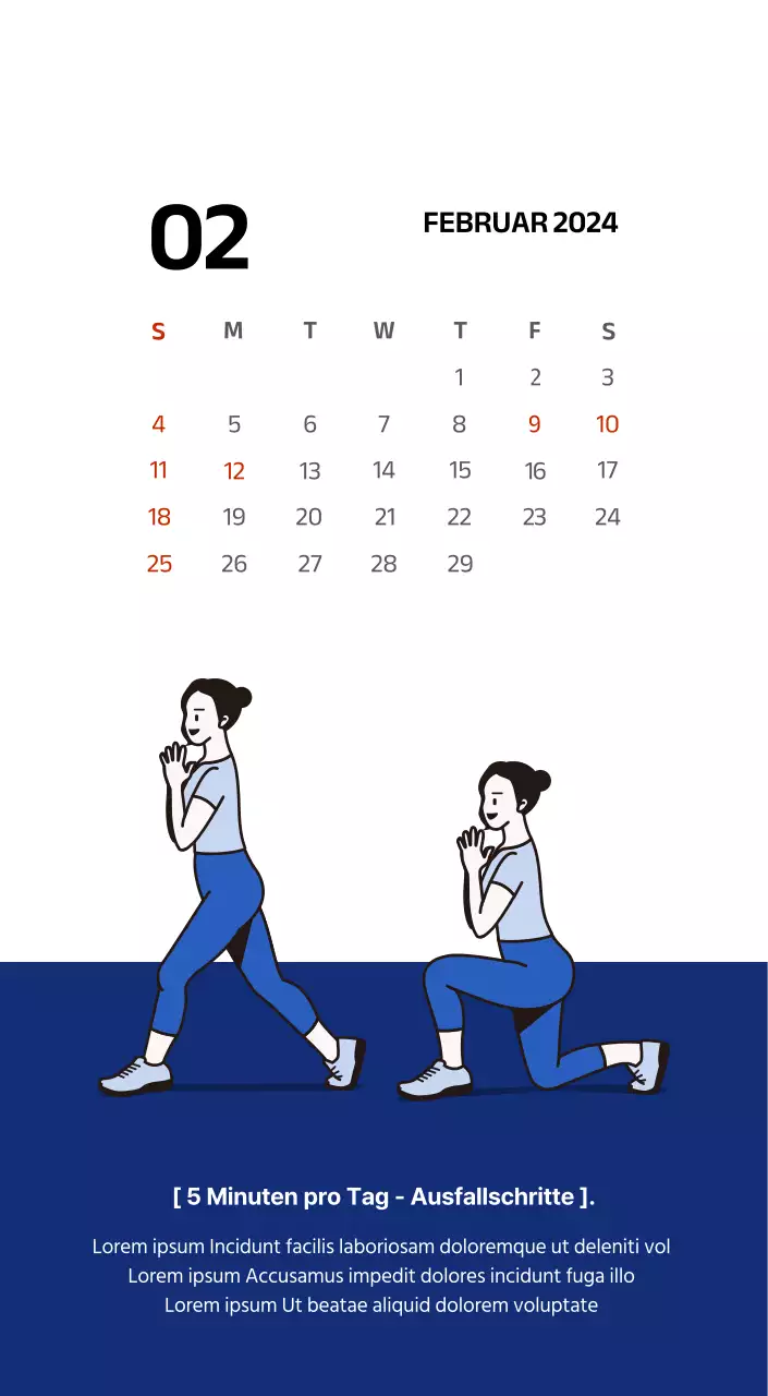 Einfacher Kalender mit klaren Illustrationen in Blau