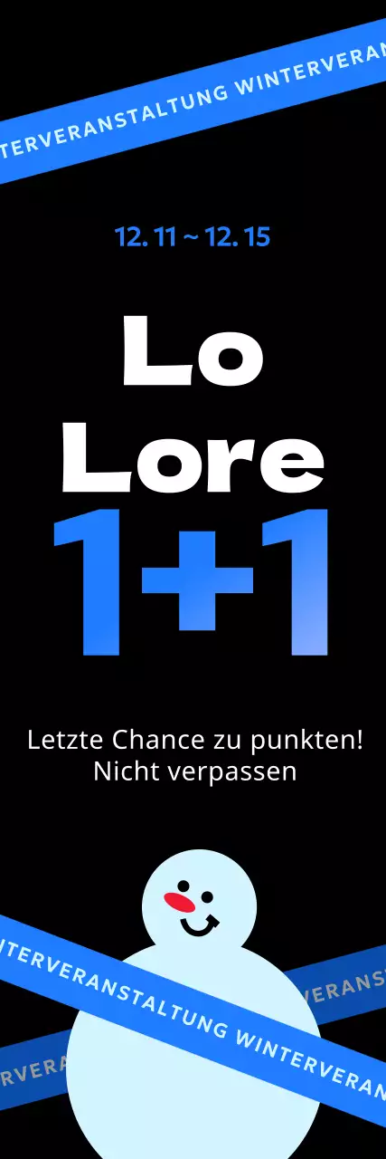 Hervorgehobene Winterpromotion mit einer Schneemann-Grafik mit blauen Akzenten auf schwarzem Hintergrund, bei der man einen gratis bekommt
