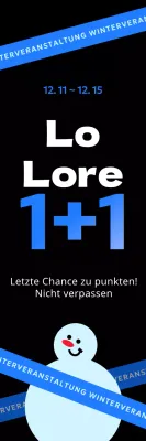 Hervorgehobene Winterpromotion mit einer Schneemann-Grafik mit blauen Akzenten auf schwarzem Hintergrund, bei der man einen gratis bekommt