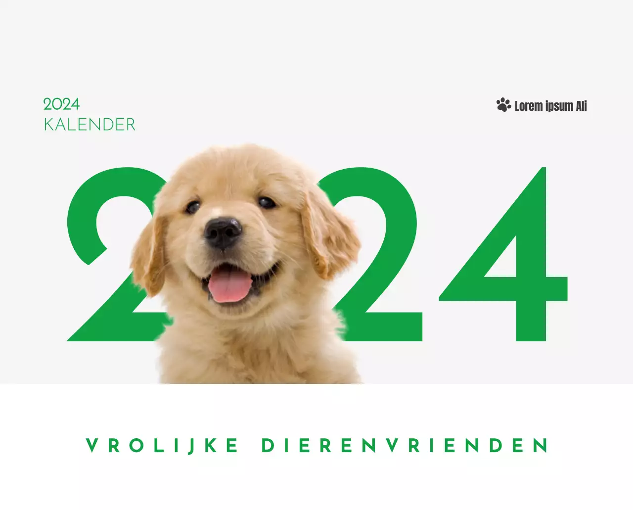 Een kalender met een afbeelding van een puppy en een schattige boodschap in groene accenten