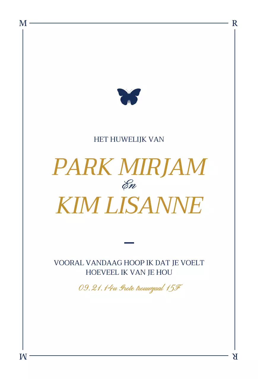 Klassiek ontwerp huwelijksuitnodiging met vlinderillustraties in wit en marineblauw