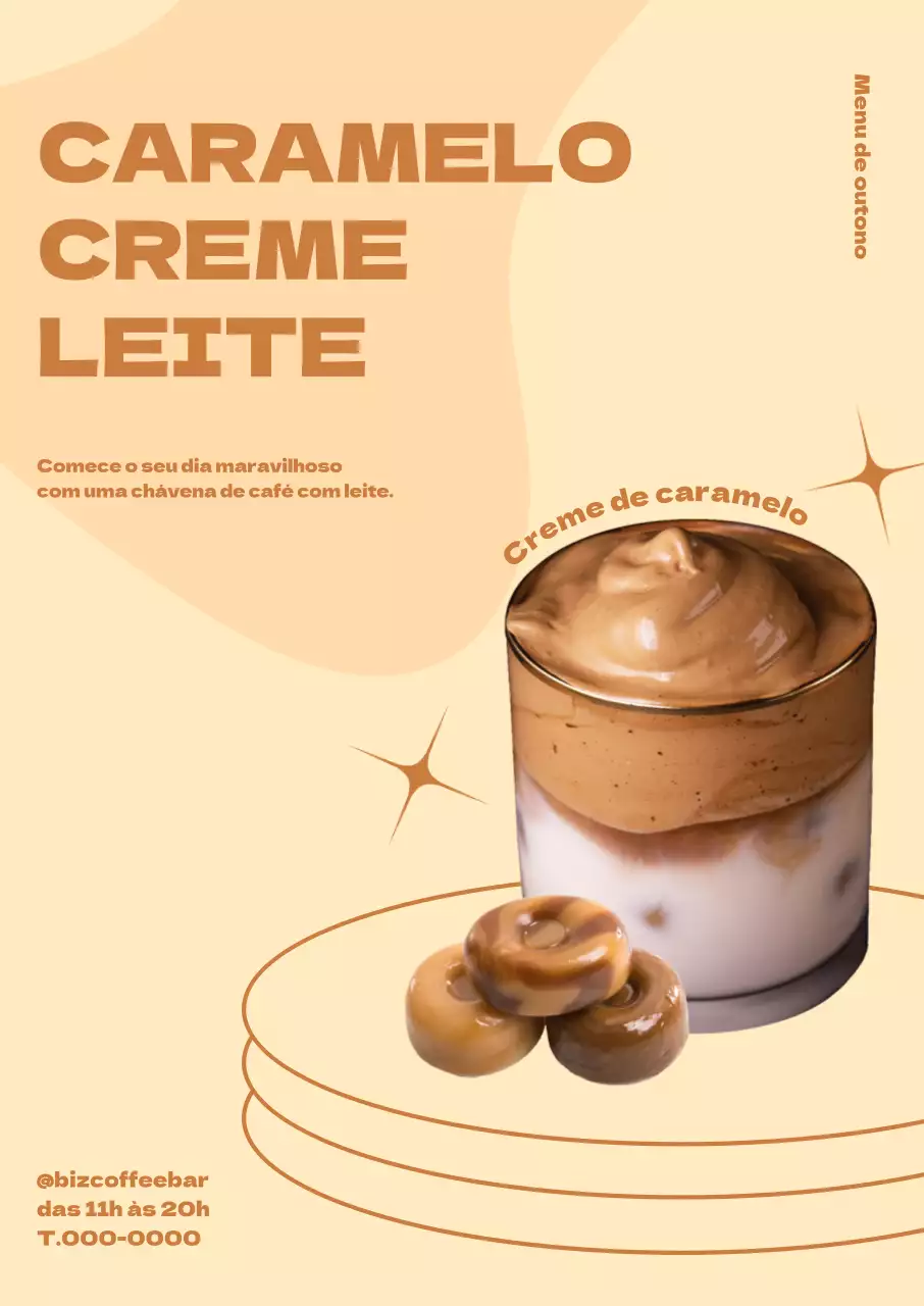 Cartaz de leite com creme de caramelo com formas preenchidas num fundo marfim