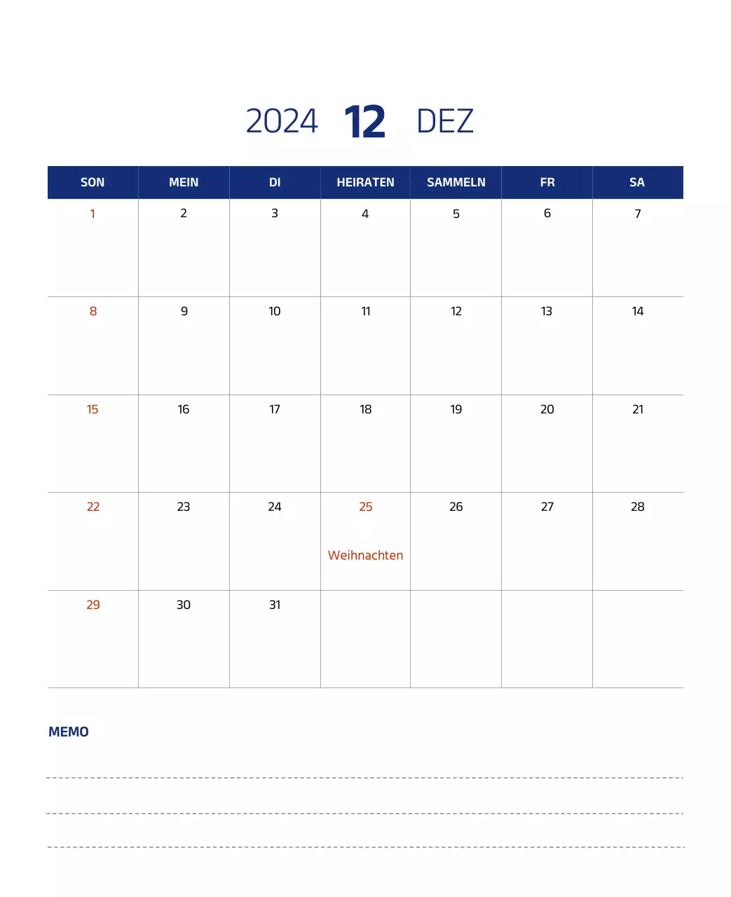 Einfacher Kalender mit klaren Illustrationen in Blau