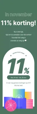 11% korting evenement gemarkeerd in wit contrast op een groene achtergrond