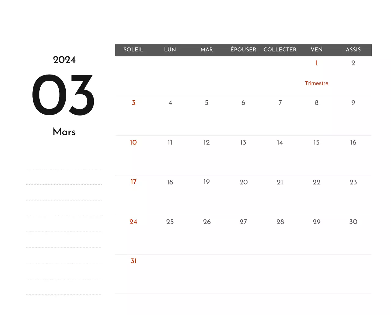 Un calendrier d'entreprise simple en gris