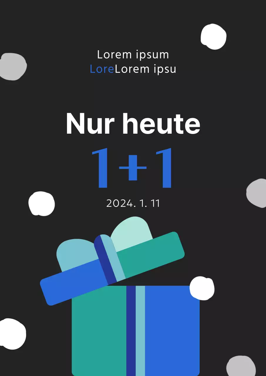 Winterpromotion mit der Hervorhebung "Kaufe eins, bekomme eins gratis" mit einer Geschenkbox-Grafik in blauen Punkten auf schwarzem Hintergrund