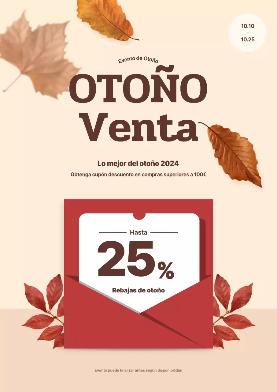 Evento de venta de otoño con hojas caídas sobre fondo beige