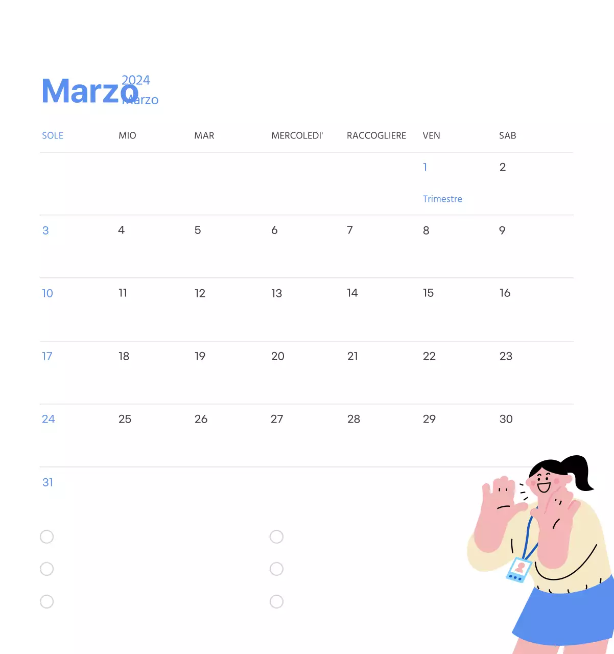 Calendario motivazionale con illustrazioni energetiche e citazioni positive su sfondo azzurro