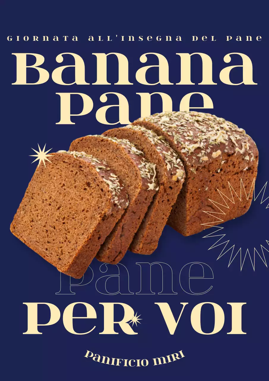 Menu di una panetteria con immagini fotorealistiche di pane alla banana, layout di testo audace e grafica geometrica.