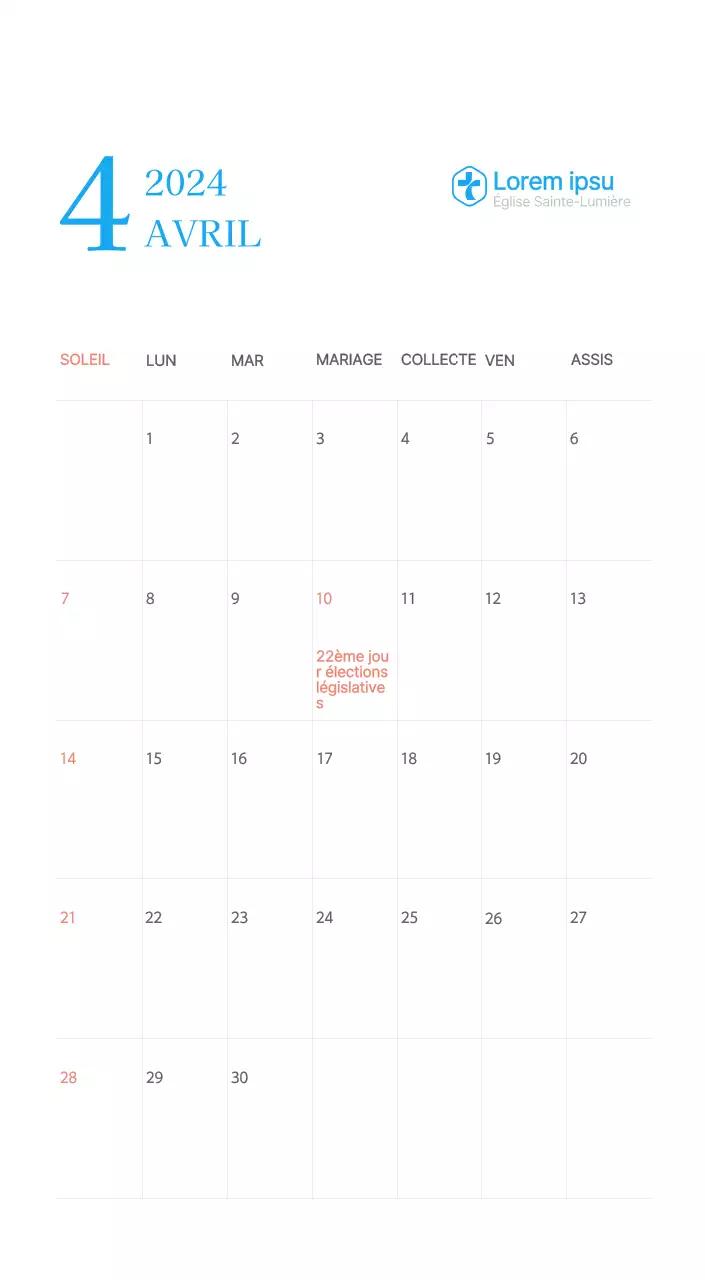 Calendrier d'église moderne bleu