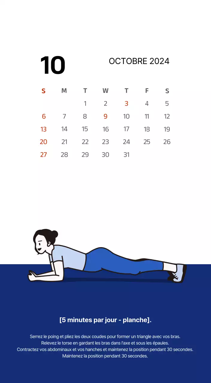 Calendrier simple avec des illustrations épurées en bleu