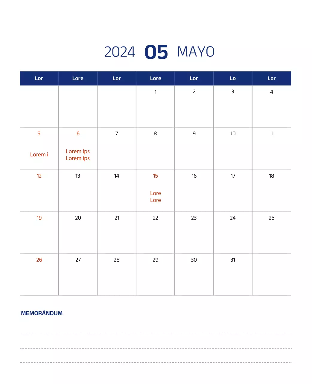 Calendario sencillo con ilustraciones limpias en azul
