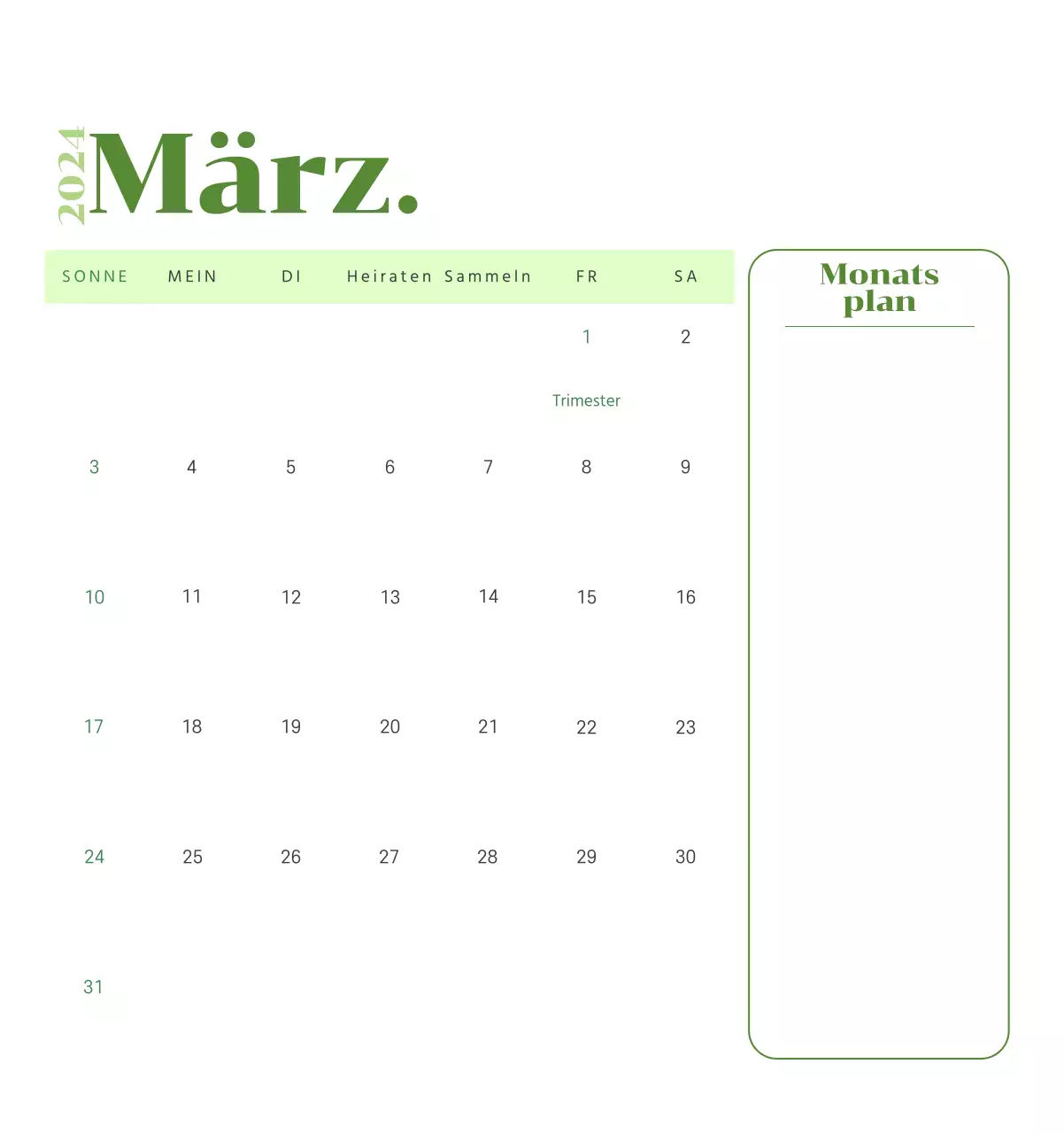 Kalender mit Jugendillustrationen auf gelbem und grünem Hintergrund