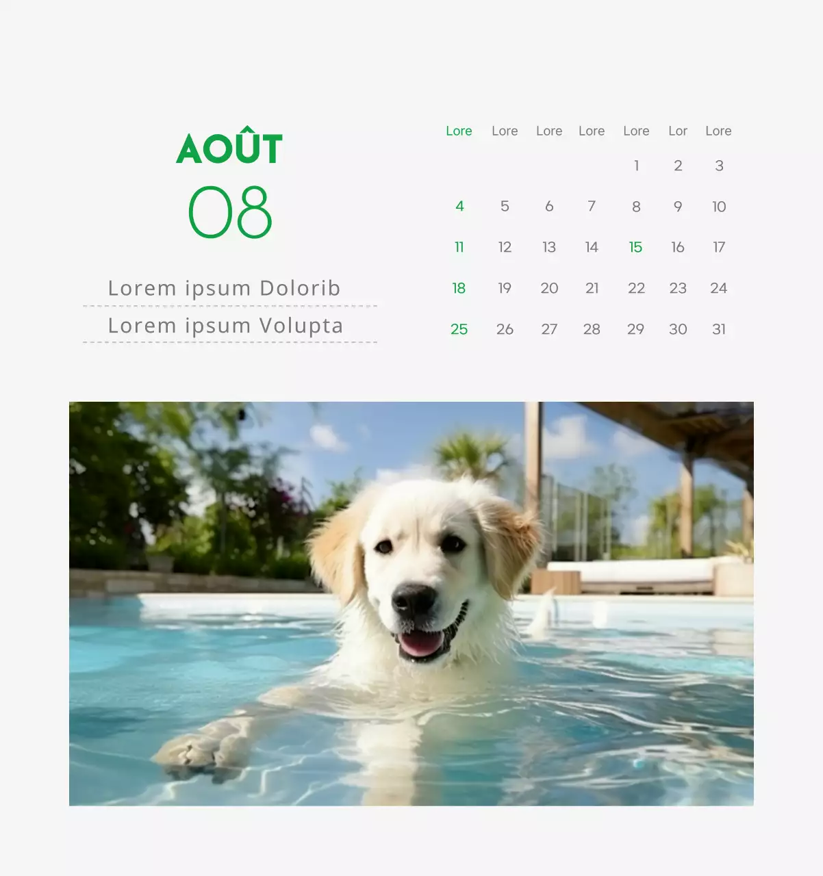 Un calendrier avec la photo d'un chiot et un message mignon aux accents verts.
